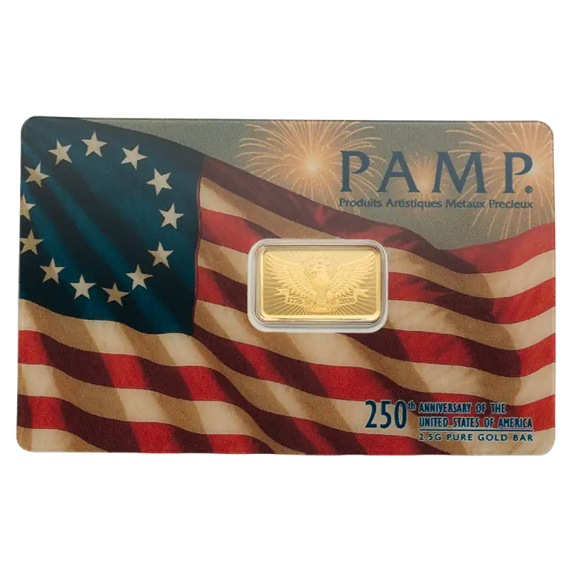 2.5g Gold Bar | PAMP | 250th Anniversary of the United States Vintage | Heraldic Bald Eagle