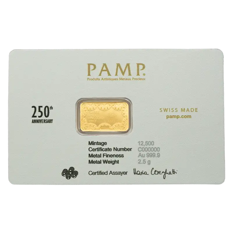 2.5g Gold Bar | PAMP | 250th Anniversary of the United States Vintage | Heraldic Bald Eagle