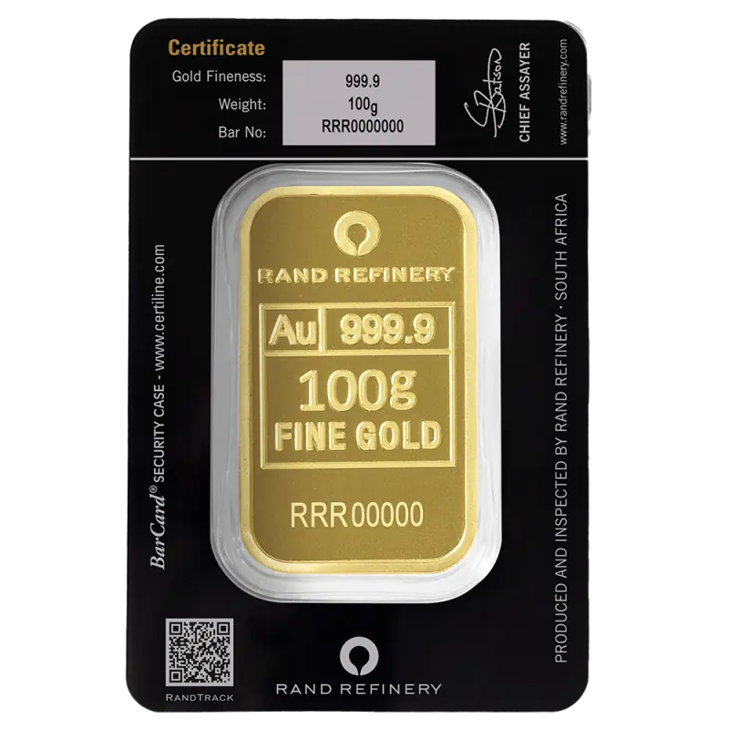 100g Gold Bar | Loxodonta Africana | Rand Refinery | QR Code